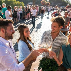 Genießen Sie fränkischen Wein auf der historischen Würzburger Brücke und die ikonische Aussicht auf Würzburg